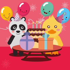 happy birthday party card cute pandan and duck animals vector illustration