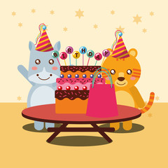 happy birthday party card cute hippo and tiger animals vector illustration