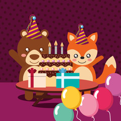 happy birthday party card cute bear and fox animals vector illustration