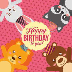 cute happy birthday card with bunny raccoon lion and bear vector illustration