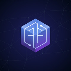Initial letter PF, block chain, looping mono line circuit letter on hexagon cube logo, blue magenta gradient color on black blue network background