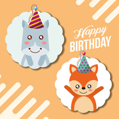 cute happy birthday card funny hippo and fox vector illustration