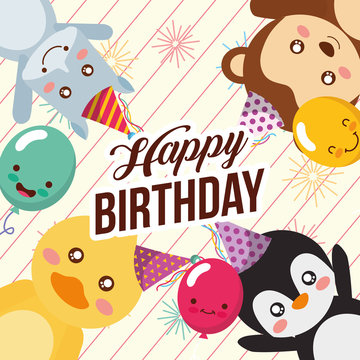 cute happy birthday card with fun duck penguin monkey and hippo vector illustration