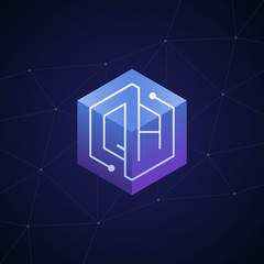 Initial letter QA, block chain, looping mono line circuit letter on hexagon cube logo, blue magenta gradient color on black blue network background