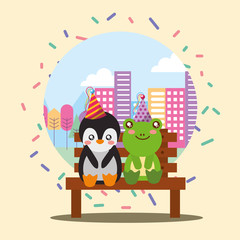 cute penguin and frog sitting in bench the city happy birthday card vector illustration
