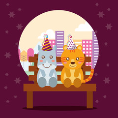 cute hippo and tiger sitting in bench on city happy birthday card vector illustration