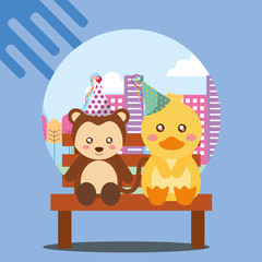 cute monkey and duck sitting in bench the city happy birthday card vector illustration