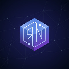 Initial letter RN, block chain, looping mono line circuit letter on hexagon cube logo, blue magenta gradient color on black blue network background