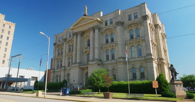 A Daytime Static Morning Establishing Shot (DX) Of The Front Of The Jefferson County Court House On Market Street In Downtown Steubenville, Ohio.  	