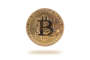 Bitcoin. Golden coin with bitcoin symbol isolated on white
