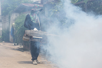Worker fogging chemical to eliminate mosquito at the street