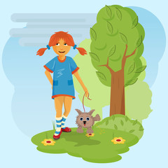 little girl in a dress in red shoes walking with a pet dog on a leash