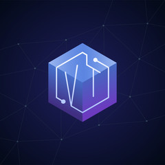 Initial letter VT, block chain, looping mono line circuit letter on hexagon cube logo, blue magenta gradient color on black blue network background
