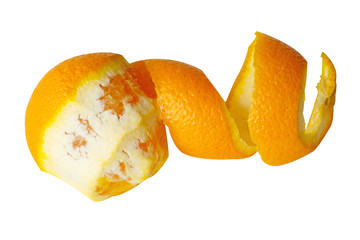 orange with peeled spiral skin isolated on white background