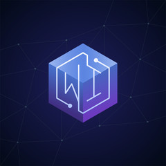 Initial letter WI, block chain, looping mono line circuit letter on hexagon cube logo, blue magenta gradient color on black blue network background