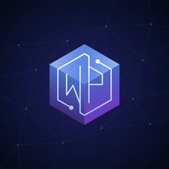 Initial letter WP, block chain, looping mono line circuit letter on hexagon cube logo, blue magenta gradient color on black blue network background