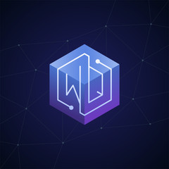 Initial letter WQ, block chain, looping mono line circuit letter on hexagon cube logo, blue magenta gradient color on black blue network background