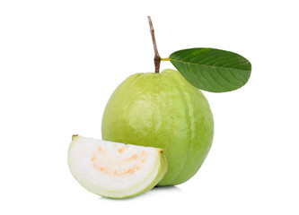 whole and slice guava fruit with green leaf isolated on white background
