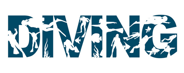 Diving word with silhouettes of diver. The concept of sport diving.