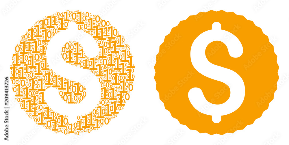 Wall mural Dollar coin mosaic icon of zero and one symbols in various sizes. Vector digit symbols are formed into dollar coin collage design concept.