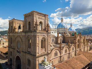 Fototapeta na wymiar Ecuador Cuenca the Immaculate Conception cathedral aerial view in a sunny day with blue sky