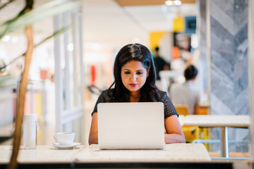A portrait of a corporate,youthful and successful Indian woman in a cafeteria. She is sitting down while working on her laptop and  focusing on her task.