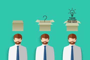 Think outside the box concept with businessman in flat design. Cardboard box and lightbulb as idea metaphor. 