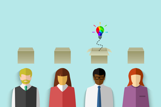 Ethnically diverse group of people with cardboard box above their head and colorful light bulb as thinking out of the box and creativity concept. Vector illustration in flat design. 