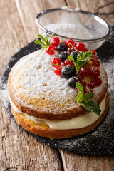 Victoria naked cake decorated with black currant and red currant and mint closeup. vertical