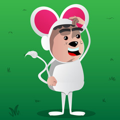 Boy dressed as mouse confused. Vector cartoon character illustration.