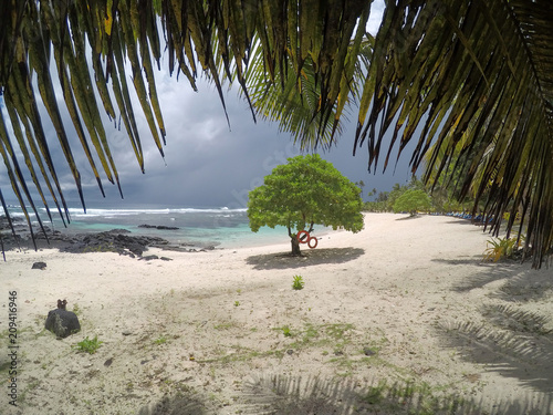 Looking Through Palm Fronds At Beach In Lea Matautu With Stormy Looking Through Palm Fronds At Beach In Lea Matautu With Stormy Gray Sky On