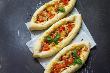 Pizza menu. Homemade Greek oval pizza close-up with salami, tomato, onion and cheese.