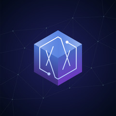 Initial letter XX, block chain, looping mono line circuit letter on hexagon cube logo, blue magenta gradient color on black blue network background
