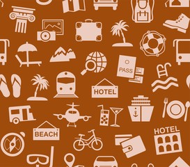 Travel, vacation, tourism, vacation, seamless pattern, brown, color, vector. Different types of holidays and ways of travelling. Vector, color background. Beige patterns on a brown background.  