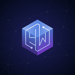 Initial letter YW, block chain, looping mono line circuit letter on hexagon cube logo, blue magenta gradient color on black blue network background