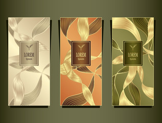 Set Template for package or flyer or label from Luxury background made by foil abstract ribbons waves hair in gold beige peachy olive  for cosmetic or perfume or for hair dye or  for brand book