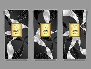 Set Template for package or flyer or label from Luxury background made by foil abstract ribbons waves hair in black gold silver for cosmetic or perfume or for hair dye or  for brand book