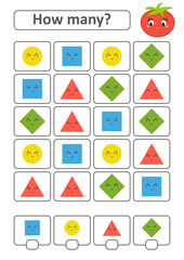 Counting game for preschool children. The study of mathematics. How many shapes in the picture. A circle, a square, a rhombus, a triangle. With a place for answers.