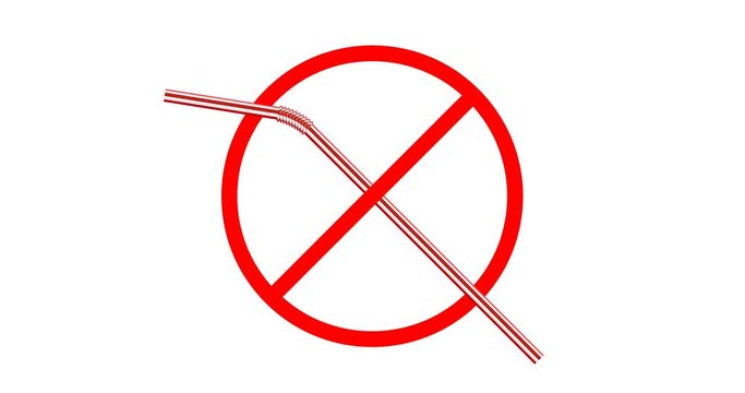 ban sign of disposable plastic drinking straws isolated on white background, stock video animation in 4k resolution