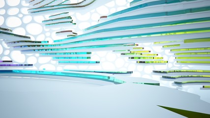 Obraz premium Abstract white and colored gradient glasses interior multilevel public space with window. 3D illustration and rendering.