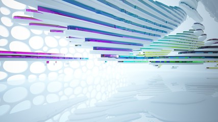 Abstract white and colored gradient glasses interior multilevel public space with window. 3D illustration and rendering.