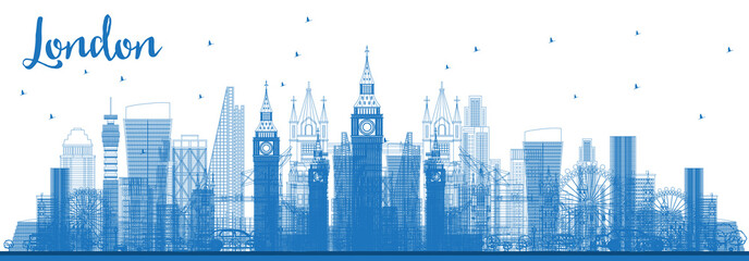 Outline London City Skyline with Blue Buildings.