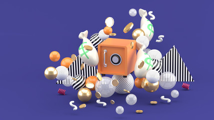 An orange safe in the middle of a coin and colorful balls on a purple background.-3d rendering.
