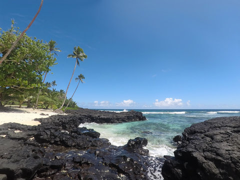 Unspoilt beach with sand and rocks at Lefaga, Matautu, Upolu Island, Samoa, South Pacific