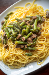 Plate with Hot Delicious Pasta with Meat and Green Beans, Top View