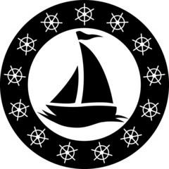  Simple sailing yacht in a black circle with steering wheels