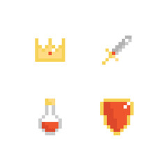 Set, collection of pixel monarchy, RPG game icons, symbols. Crown, sword, shield and potion bottle.