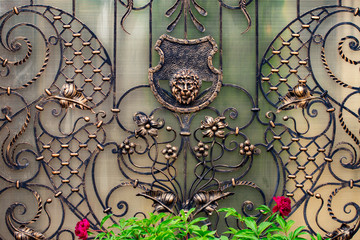 Details, structure and ornaments of forged iron gate. Decorative ornamen with lions , made from metal