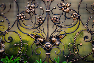 Fototapeta na wymiar wrought-iron gates, ornamental forging, forged elements close-up