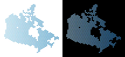 Fotobehang Honeycomb Canada map. Vector territorial scheme in light blue color with horizontal gradient on white and black backgrounds. Abstract Canada map concept is formed from hex tile spots. © Aha-Soft